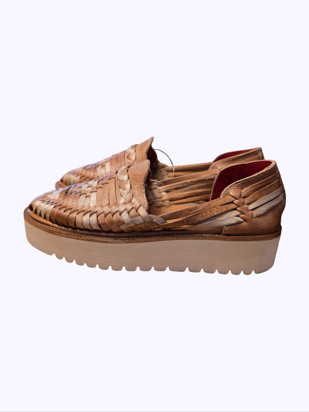 Bed Stu Lita Tan Silver Metallic Woven Leather Platform Huarache Loafers Womens - Picture 8 of 11
